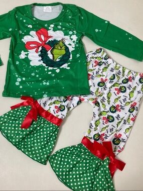 Boutique Christmas 🎄 Grinch cute bow pants long sleeve top set